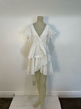 Anthropologie White Ruffled Wrap Mini Dress